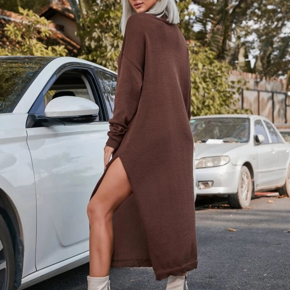 High Neck Split Thigh Rib-knit Sweater Dress